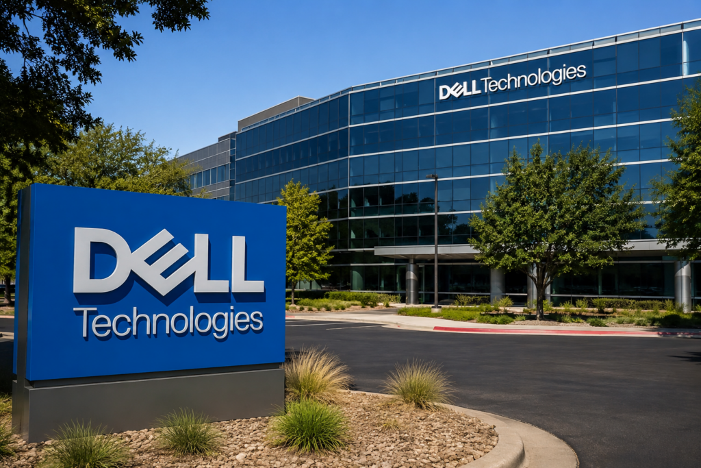 Dell stock is falling this week: is this a golden opportunity to buy the dip? Dell Technologies logo outside a modern glass-fronted corporate office